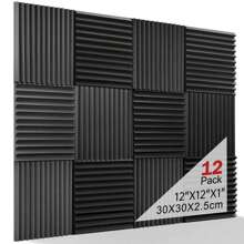 12入組12x12x1英寸工作室吸音泡棉,高密度防火防焰隔音保護海綿三角凹槽吸聲板,防火吸音處理泡棉,黑色 - 黑色 - 查看 1
