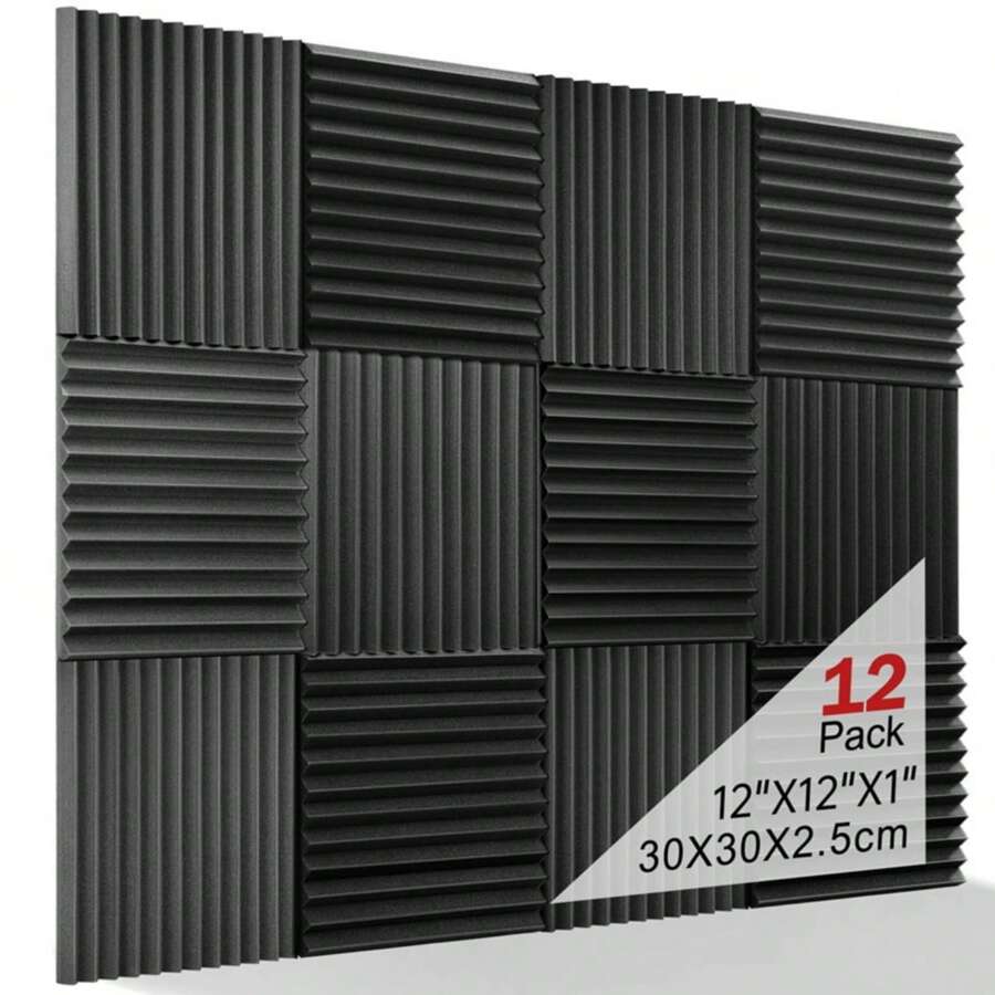 12入組12x12x1英寸工作室吸音泡棉,高密度防火防焰隔音保護海綿三角凹槽吸聲板,防火吸音處理泡棉,黑色 - 黑色 - 查看 1