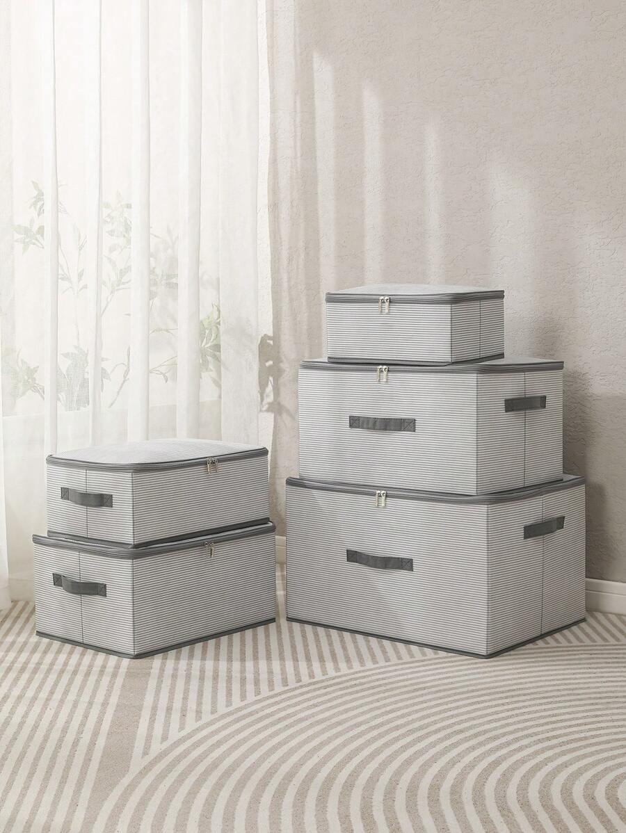 1 hộp đựng đồ bằng vải không dệt sọc có khóa kéo, hộp đựng quần áo gấp gọn đa chức năng (không bao gồm khóa) phòng ngủ, hộp đựng đồ, hộp đựng đồ, đồ lưu trữ tại nhà, áo phông trắng nữ, quần đen nữ, quần áo mùa đông cho nữ, váy, quần áo mùa đông cho nữ, váy thanh lịch cho phụ nữ, áo sơ mi trắng cho nữ, tay dài, bộ đồ liền quần màu trắng cho nữ, váy mùa xuân cho nữ, trang phục mùa xuân cho nữ, mùa xuân, quần áo mùa xuân, tối giản, áo mùa hè - Xám - Xem 1
