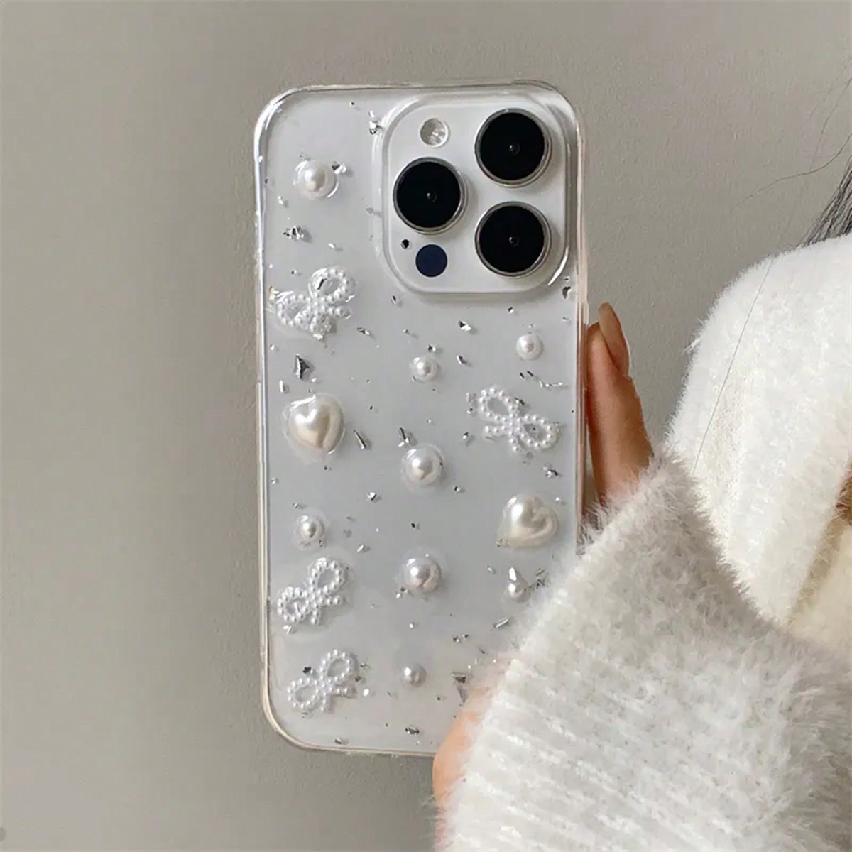Luxury Silicone Pearl Element 3D Pearl Bow Silver Foil Phone Case Compatible With IPhone 17 Pro Max Air 16 15 14 13 12 11 Pro Max MiNi XR X XS Max 7 8 Plus Glitter Epoxy Cute Clear Soft Silicone Cover Spring Gift Wedding Party