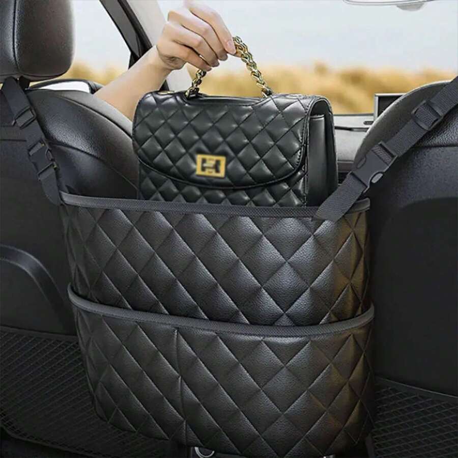 1pc Car Seat Organizer, Black Leather Multi-purpose Large Capacity Storage Bag For In-car Use - Black - View 1