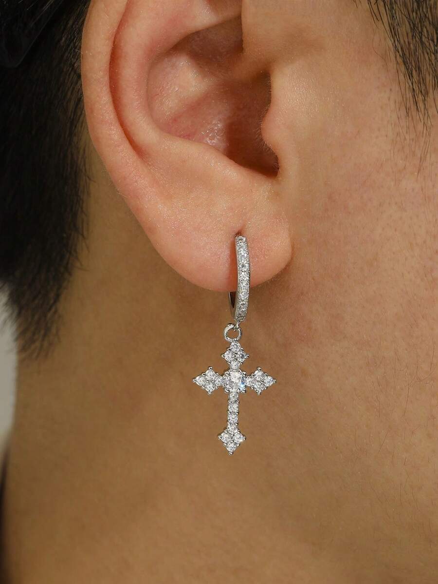 Fashionable and Popular Men Rhinestone Cross Drop Earrings Punk Hip Pop Style Alloy Material for Party and for a Stylish Look - Yellow Gold - View 1