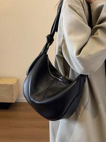 CONTAINEVERY Solid Color Zipper Closure Half-moon Shaped Bag With Tied Shoulder Strap - Black - View 3