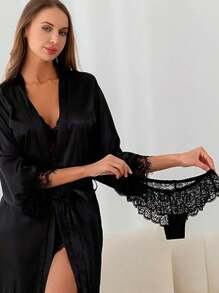 Set de Pijama Mujer Satinado 4 Piezas con Bata: Descubre Elegancia y Confort - Negro - Ver 2