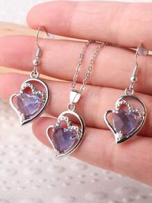 Set de 3 piezas para el Día de San Valentín: Collar y pendientes con forma de corazón azul de circonita cúbica, disponible en varios colores - Azul - Ver 10