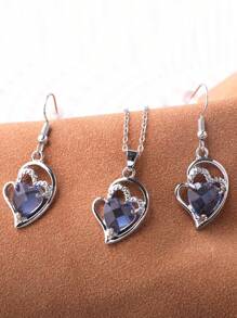 Set de 3 piezas para el Día de San Valentín: Collar y pendientes con forma de corazón azul de circonita cúbica, disponible en varios colores - Azul - Ver 9