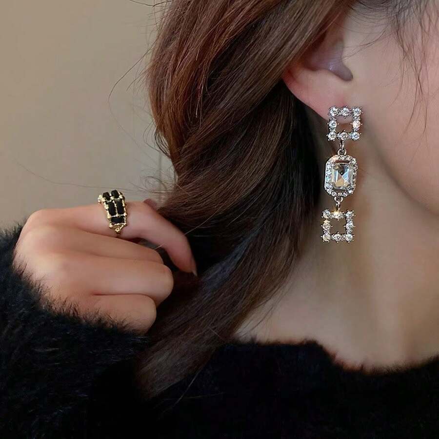 2 Miếng Sang trọng Dài Pha lê Hoa tai NỮ Phong cách ins Hình vuông Vật rủ xuống Hoa tai , Ánh sáng sang trọng Hoa tai Đồ trang sức - bông tai hình vuông đính đá quý - Xem 1