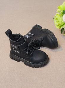 1 Paar Jungen Warme Und Plüsch Kurzstiefel Für Freizeit Und Modische Partys Mit Taschendesign Dekoration, Dicker Sohle Und Rundem Zehenbereich Motorradstiefel