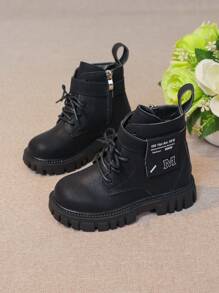 1 Paar Jungen Warme Und Plüsch Kurzstiefel Für Freizeit Und Modische Partys Mit Taschendesign Dekoration, Dicker Sohle Und Rundem Zehenbereich Motorradstiefel
