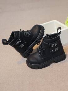 1 Paar Jungen Warme Und Plüsch Kurzstiefel Für Freizeit Und Modische Partys Mit Taschendesign Dekoration, Dicker Sohle Und Rundem Zehenbereich Motorradstiefel