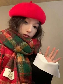 1入女式紅色格紋羊絨圍巾,適用於冬季保暖,新款時尚披肩,聖誕/生日禮物,適用於日常和聖誕節穿著 - 紅色 - 查看 4