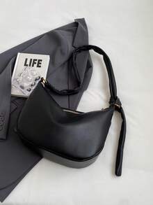 CONTAINEVERY Solid Color Zipper Closure Half-moon Shaped Bag With Tied Shoulder Strap - Black - View 2