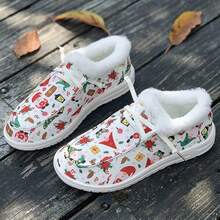 1 Pair Women's Sports Style Warm Flat Shoes With Lace-up, Printed Fabric And Low-cut For Outdoor Activities - Red and White - View 1