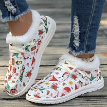 1 Pair Women's Sports Style Warm Flat Shoes With Lace-up, Printed Fabric And Low-cut For Outdoor Activities - Red and White - View 4