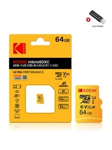 Kodak Tarjeta Micro Sd de 32GB 64GB U3 A1 128GB 256GB, Tarjetas Microsd TF con lector de tarjetas USB 2.0 incluido - Amarillo - Ver 4