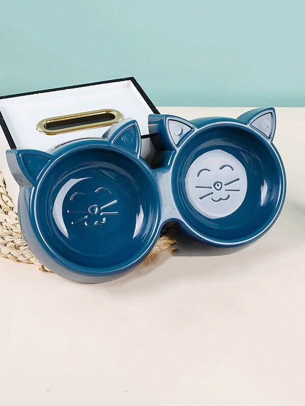 A Navy Blue Cat Bowl, Dog Bowl, Fiber Pet Bowl, Cat Food Bowl, Dog Drinking Water Bowl, Anti-overturn Cartoon Single Bowl And Double Bowl