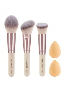MAANGE 3支化妆刷+2个化妆海绵套装，包含粉底刷、修容刷，柔软纤维材质，方便携带，旅行必备。化妆刷套装，化妆刷套装，化妆刷组合，全套化妆工具，化妆刷套装，全套化妆工具，化妆刷套装，化妆刷礼盒套装 - 杏色 - 查看 3