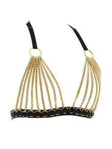 鏈子裝飾的露空設計黑色情趣內衣,配有流蘇和鏈條細節 - 黑色 - 查看 4