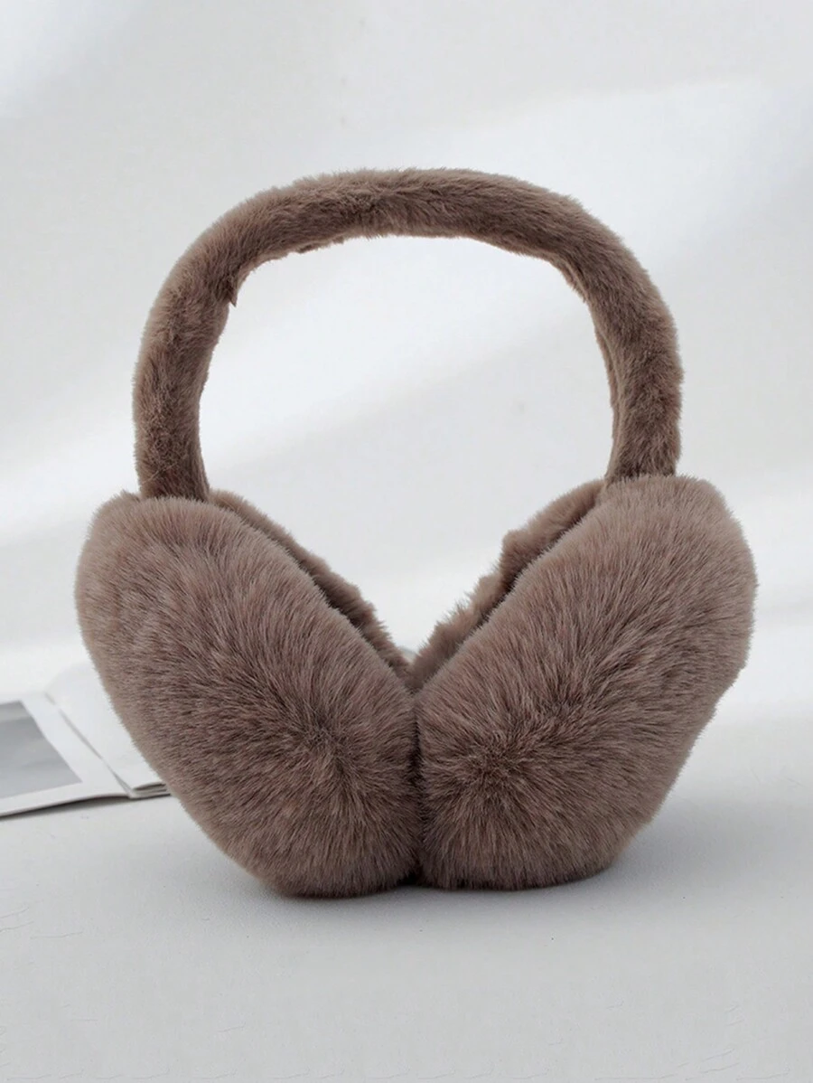 FADZOYLE 1pc Foldable Fluffy Wool Ear Muffs, Adjustable Headband, Soft Wool Lining, Unisex Winter Ear Warmers, Coffee Brown