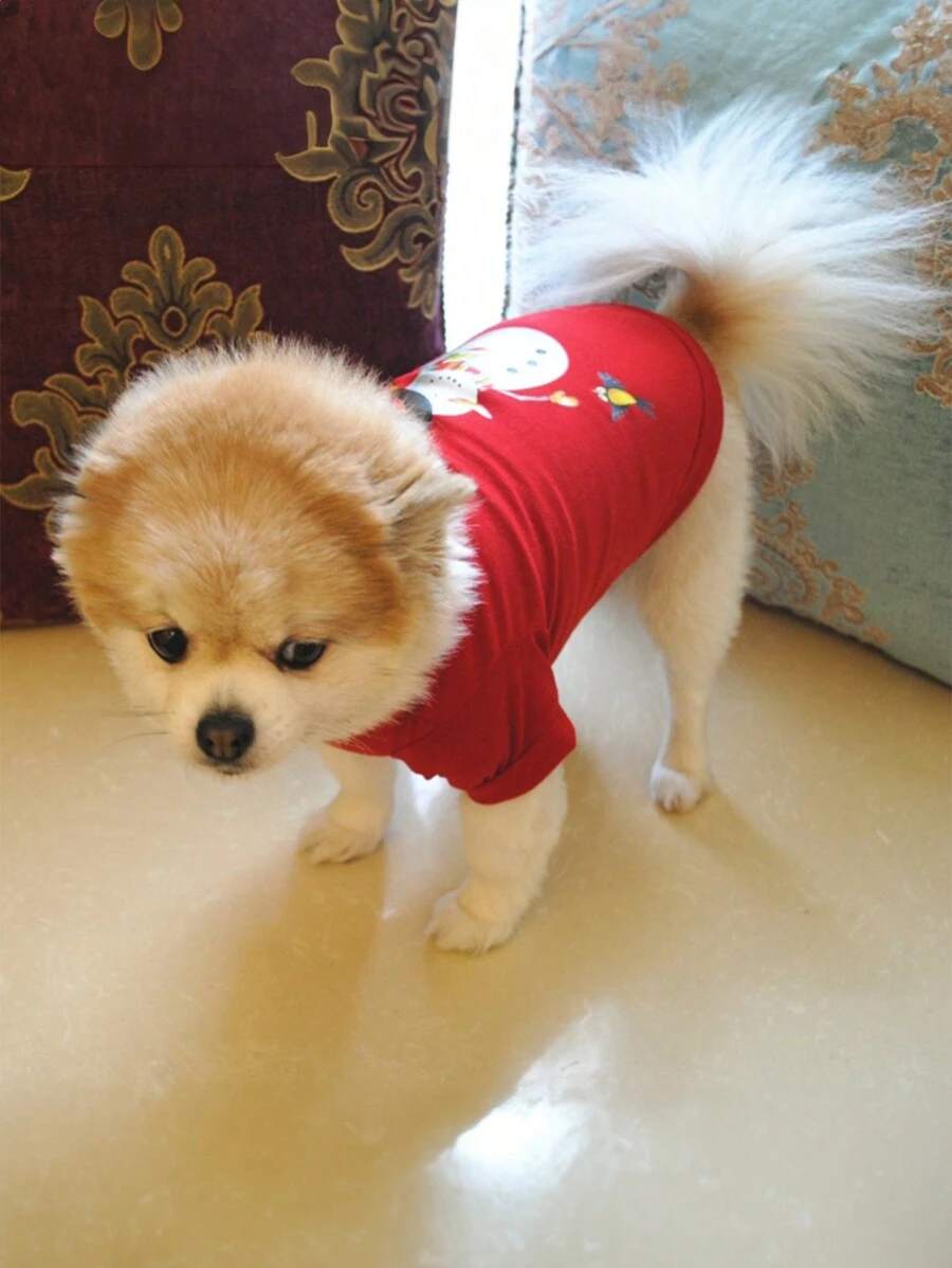 1入組中等的和小尺寸寵物聖誕新品到貨連帽衫紅色的T恤雪人印花假期服飾 - 紅色 - 查看 1