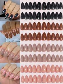 VV MEI JIA ER 4色(96)秋天和冬天簡約風素色按指甲片假指甲水潤光澤杏仁造型中等長度全覆蓋可拆卸穿戴假指甲適合女士和女孩美甲DIY套裝(顏色)和1張膠帶和1件指甲銼 - 彩色 - 查看 1