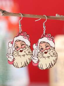 1對復古粉色聖誕老人吊墜耳環,女士雙面木製聖誕耳環 - 粉色 - 查看 1