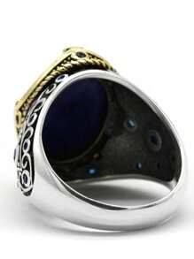 S925純銀男士戒指,鉗設天然青金石,波浪紋路,土耳其風格1入組 - 藍色 - 查看 4