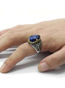S925純銀男士戒指,鉗設天然青金石,波浪紋路,土耳其風格1入組 - 藍色 - 查看 6