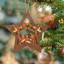 1pc Christmas Wooden Star Shaped Decoration With Nativity Scene Of Jesus' Birth - Multicolor - View 3