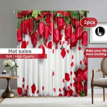 2pcs/set Modern Printed Curtain With Romantic Red & Pink Roses For Living Room Sofa Background, Bedroom, Corridor - Multicolor - View 1