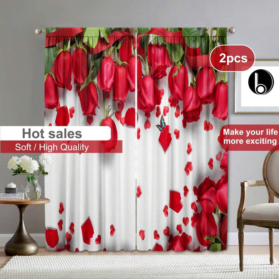 2pcs/set Modern Printed Curtain With Romantic Red & Pink Roses For Living Room Sofa Background, Bedroom, Corridor - Multicolor - View 1