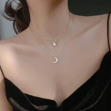 1pc Delicate Double Layers Moon & Star Rhinestone Pendant Necklace, Unique Design, For Women - Silver - View 7