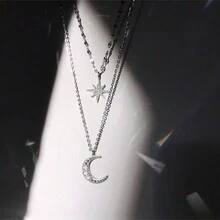 1pc Delicate Double Layers Moon & Star Rhinestone Pendant Necklace, Unique Design, For Women - Silver - View 9