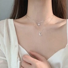 1pc Delicate Double Layers Moon & Star Rhinestone Pendant Necklace, Unique Design, For Women - Silver - View 5