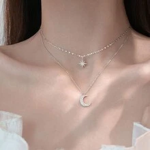 1pc Delicate Double Layers Moon & Star Rhinestone Pendant Necklace, Unique Design, For Women - Silver - View 3