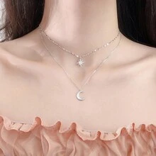 1pc Delicate Double Layers Moon & Star Rhinestone Pendant Necklace, Unique Design, For Women - Silver - View 1