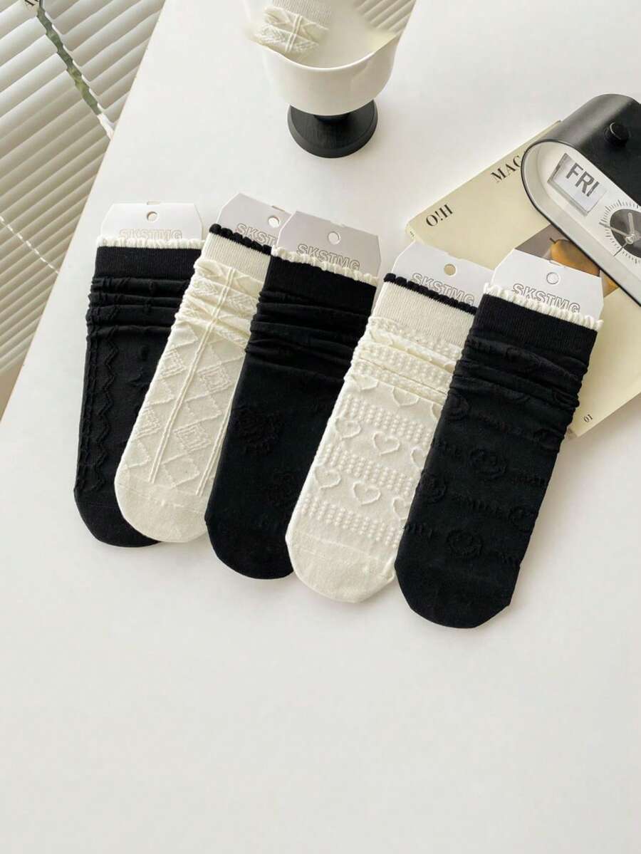 5雙/組新款時尚女士秋冬可愛中筒襪