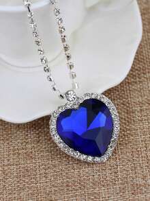 1 件女士全水鑽藍色寶石心型吊墜項鍊,簡約奢華設計 - 藍色 - 查看 2