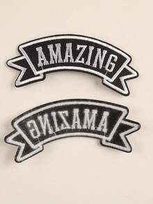 Diy衣服、帽子、包包、鞋子、手機殼,2入組黑色英文字母設計,繡花貼片,可燙貼背面 - 彩色 - 查看 5