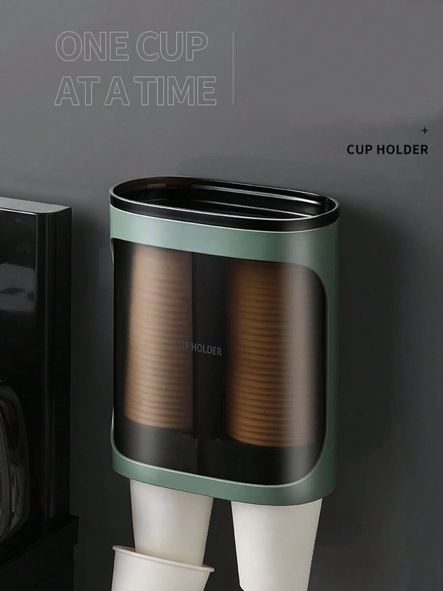 1pc Disposable Cup Holder, Cup Dispenser & Storage Rack For Disposable Cups, Wall Mounted Double Tube Paper Cup Automatic Organizer - Green - View 1