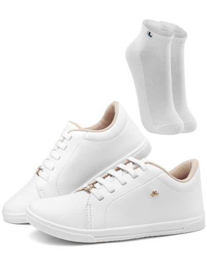 Kit Tênis Feminino Casual Delicado Sola Baixa Com Meia Cano curto