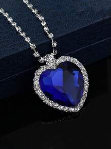 1 件女士全水鑽藍色寶石心型吊墜項鍊,簡約奢華設計 - 藍色 - 查看 1