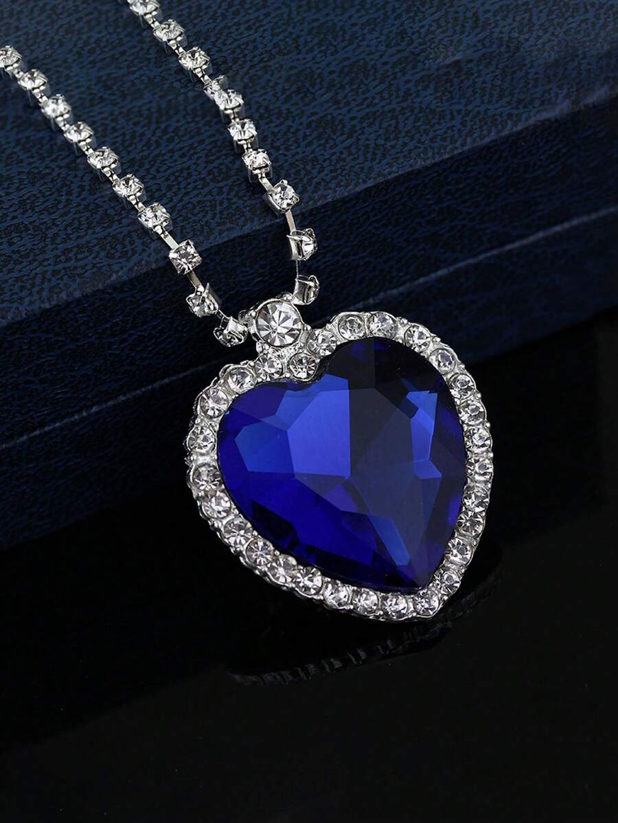 1 件女士全水鑽藍色寶石心型吊墜項鍊,簡約奢華設計 - 藍色 - 查看 1