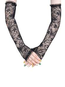 1 雙女黑色蕾絲花朵設計露指手套,時尚優雅袖套,適合派對配件,龐克街頭風格,聖誕禮物,適合日常使用 - 黑色 - 查看 3