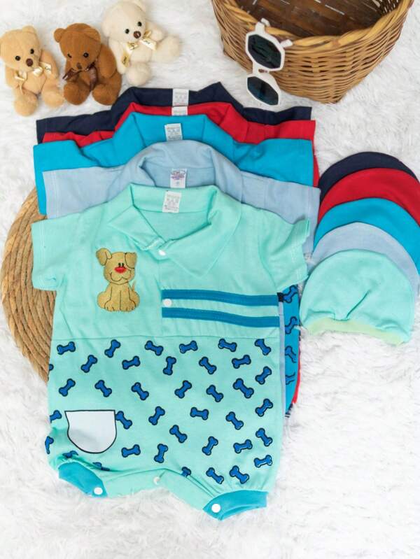 Kit 5 Macacão Infantil melhor amigo dog Menino bebê  0- 03 meses com boina