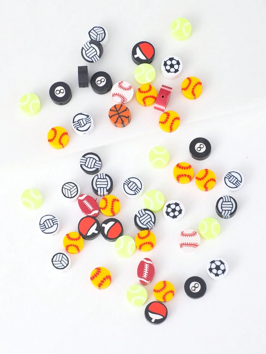 50pcs Fashionable 3d Sports Ball Shaped Polymer Clay Beads For Diy Bracelet, Necklace Making, Multicolor - Multicolor - View 1
