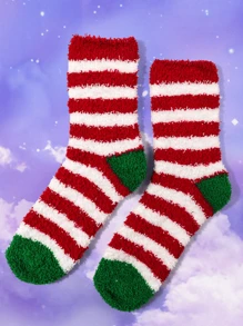 1雙女士條紋珊瑚絨中筒襪和圓領,適用於休閒穿著和聖誕節溫暖舒適