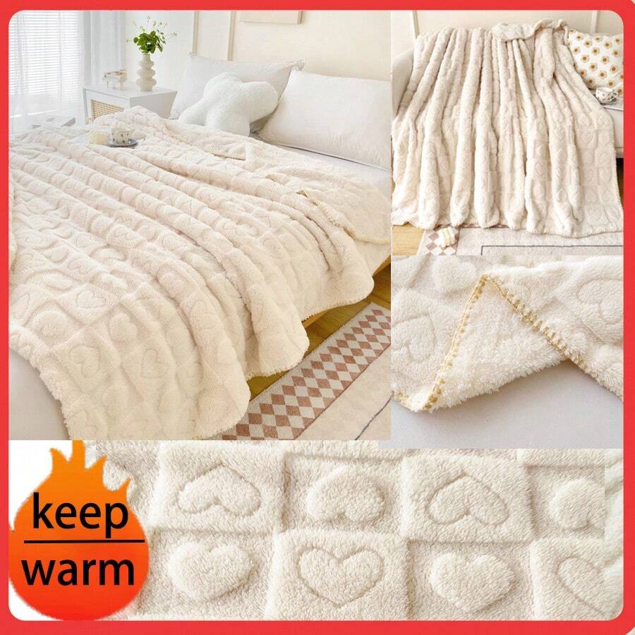 1 Miếng Ấm áp Lông cừu san hô Chăn có thể sử dụng Như A Bọc ghế sofa Hoặc Khăn trải giường , Dày lên Chăn Cho mùa đông , Thích hợp Đối với Phòng khách , Văn phòng , Ngủ trưa , Thú cưng Sử dụng - Trái tim tình yêu màu trắng - Xem 1