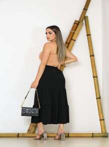 saia mide com forrado moda feminina - Preto - Visão 4