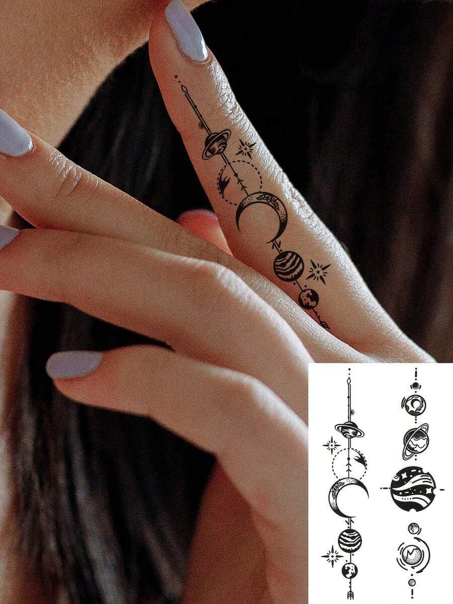 1 Pieza Tatuaje Temporal A Prueba De Agua, Resistente Al Sudor Y Lavable Con Material De Pvc Diseño Con Los Planetas Marte, Júpiter Y Mercurio - Perfecto Para El Uso Diario De Personas A La Moda - Negro - Ver 1
